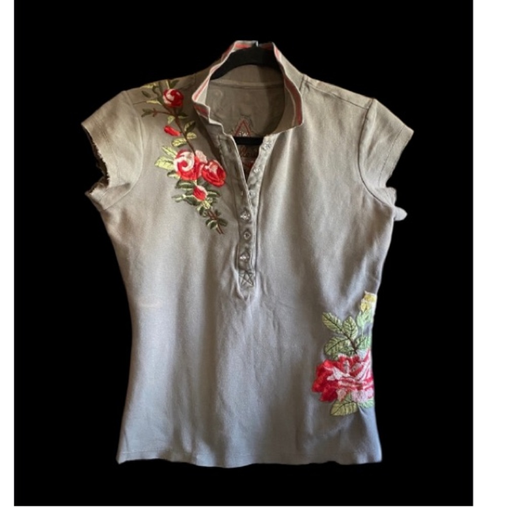 Johnny Was Gray Top with Red Floral Embroidery